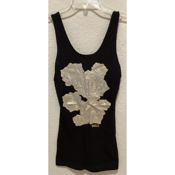 Guess Black Tank Top With Silver Rose Design Size XS - Picture 3 of 5